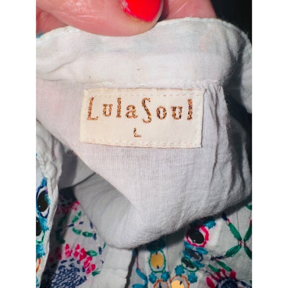 Lula Soul White Multicolor Embroidered Cottton Boho Peasent Dress Sequin Tassel - Picture 7 of 12